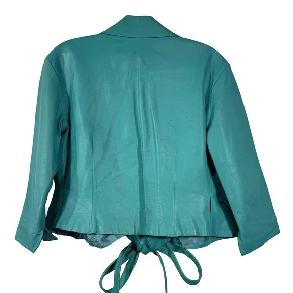 Badgley Mischka Vintage Teal Leather Jacket Silk Lined Cropped Tie Waist Sz M/8 - Picture 5 of 16